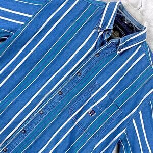 VTG Coliseum Jeans Denim Shirt Mens M Blue Stripe Embroidered Preppy Classic 90s